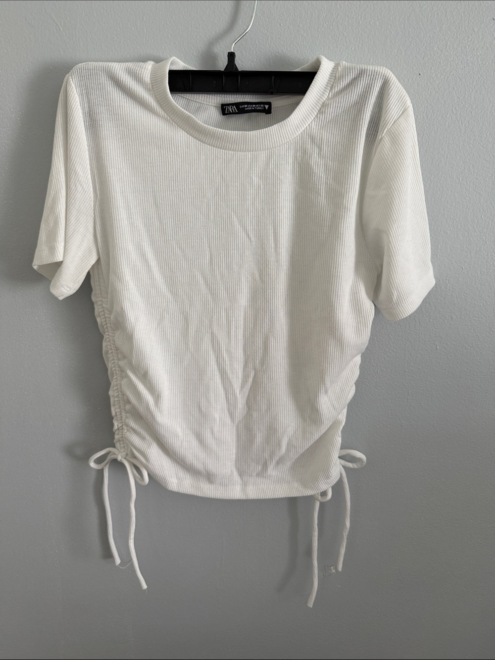 Zara White Ribbed Side-Drawstring Short Sleeve Top